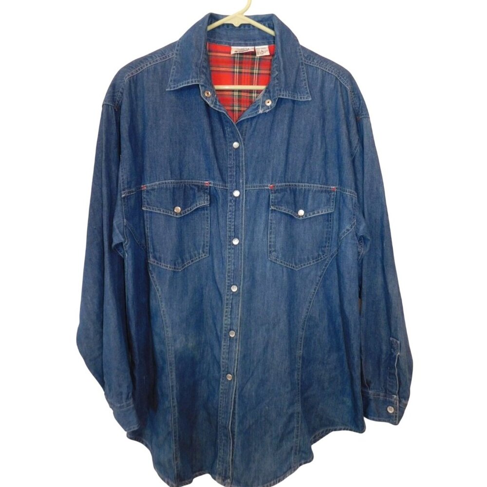 Sasson Sz L Large Blue Denim Western Shirt Pearl Snap Front 100% Cotton Pockets